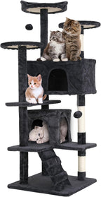 24/7 Shop at Home Court 54 inch Multi-Level Cute Cat Tree Tower with Dangling Ball and Scratching Posts for Indoor Cats Adults, Kitten Supplies, Pet House, Dark Gray