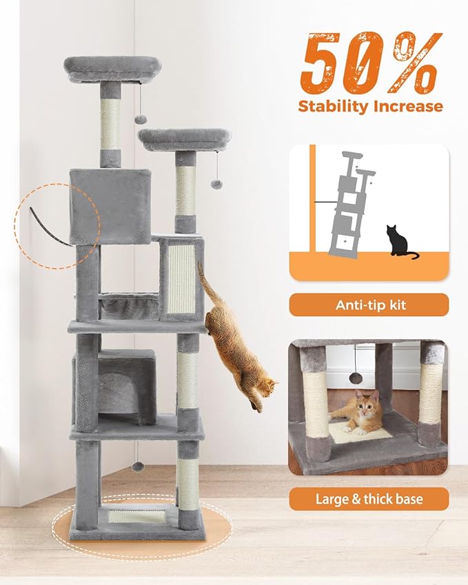 PEQULTI 71'' Cat Tree for Indoor Cats with Big Hammock, Tall Cat Tower for Large Cats with 2 Cat Condo, 2 Soft Top Perch, Scratching Posts and Pad, Grey