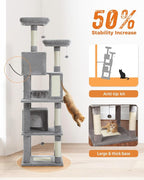 PEQULTI 71'' Cat Tree for Indoor Cats with Big Hammock, Tall Cat Tower for Large Cats with 2 Cat Condo, 2 Soft Top Perch, Scratching Posts and Pad, Grey
