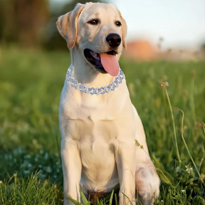 Blue Dog Chain Collar Metal Diamond Dog Necklace Metal Training Chain with Secure Buckle Pet Collars for Large Medium Dogs(Blue 26inch)