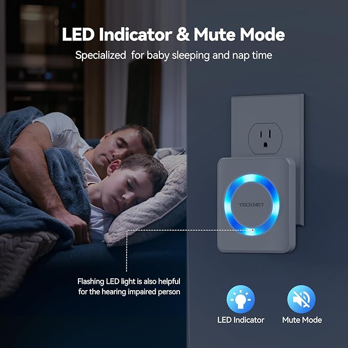 TECKNET Wireless Doorbell, Door Bell 0-120dB, Plug-In Doorbells 1300ft Range, Classroom Doorbell IP65 Waterproof, 60 Chimes & 5 Volume Levels, LED Light for Home Kids Classroom Hearing Impaired, white