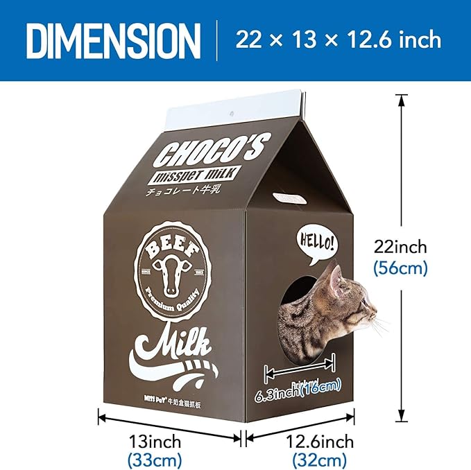 Cardboard Cat House with Scratch Pad, Corrugated Kitten Hideaway Cave, Heavy Duty Sturdy Cute Cardboard Scratcher, Easy to Assemble Gift, Black