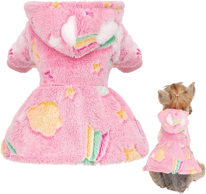 Dog Sweaters for Small Dogs Girl Night Glow Dog Hoodie Warm Fleece Doggie Sweatshirt Cute Puppy Dress Winter Pet Sweaters Doggy Clothes Outfit Apparel for Chihuahua Yorkie, Rainbow, XS