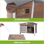 GUTINNEEN Dog House Outdoor or Indoor with Anti-Chewing Metal Frame, Dog Kennel with Bowls, Weatherproof Dog Shelter with Removable Floor, PVC Door Curtain for Small Medium Dogs (Light Brown)