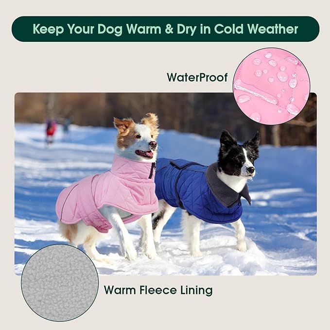 Kuoser Dog Coat, Super-Warm Dog Jacket Windproof Pet Cold Weather Coats for Extra Large Dogs, Fleece Lining Quilted Turtleneck Puppy Snowsuit Reflective Adjustable Doggie Winter Clothes, Pink, 2XL