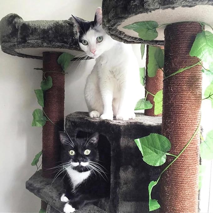 CozyCatFurniture 75" Tall Cat Tree for Multiple Cats with Condo, Green Leaves, Sisal Rope, Climbing Ladder & Three Beds on Top