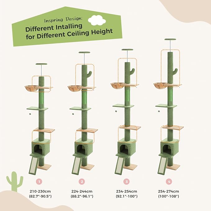 PEQULTI Cat Tree Floor to Ceiling,Cactus Tall Cat Tower, Adjustable Height (83''-108'') 5 Tiers Climbing Tree for Indoor Cats with Cat Condo, Scratching Post and Ladder, Green