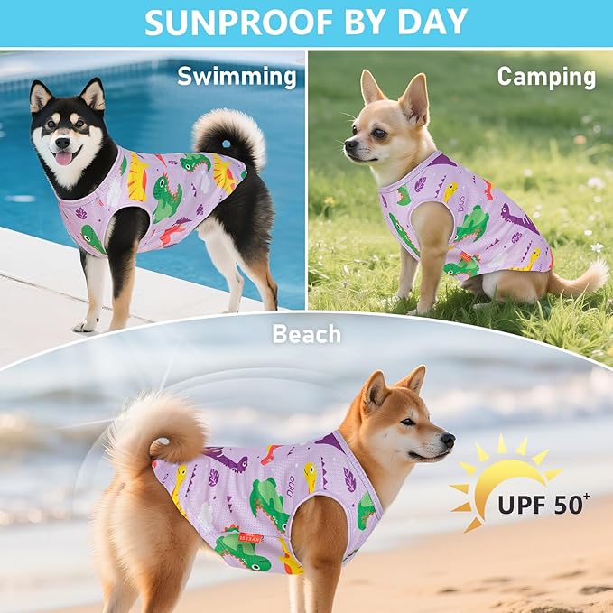 KYEESE 2Pack Dog Shirt, Lightweight Sun Protection Dog T Shirts for Small Dogs Boy Girl, Breathable Mesh Tank Top Sleeveless Puppy Reflective Vest, Soft Summer Dogs Clothes, Dinosaur+Purple, S