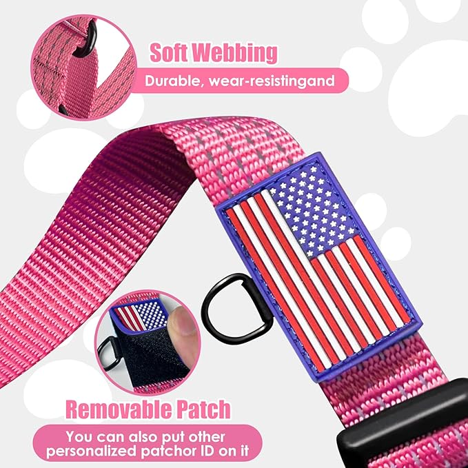 Martingale Dog Collar, Reflective No Pull Training Collar with Quick Release Buckle & USA Flag, Heavy-Duty Nylon, Adjustable for Small Medium Large Dogs (S,Pink with Flag