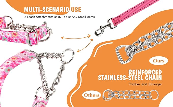 Martingale Dog Collar with Steel Chain- No Pull Escape-Proof Training Choker for Medium, Large & XL Dogs | Heavy Duty Anti-Slip Cinch Collar for Large Breed Pets, Pink (Size L)