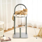 Modern Cat Tree, Wood Cat Tower with Steel Frame, Scratching Posts, Cat Capsule, Plush Mat, Bell Dangling Toy, Aesthetic Minimalist Heavy-Duty Cat Climbing Tree for Large Indoor Adult Cats-Grey