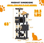 Cat Tree for Indoor Cats - 63in Multi-Level Large Cat Tower with 2 Big Cat Condos, 2 Padded Perches, Hammock, 6 Sisal-Covered Scratching Post and Toys for Kittens Pet Play House, Smoky Grey