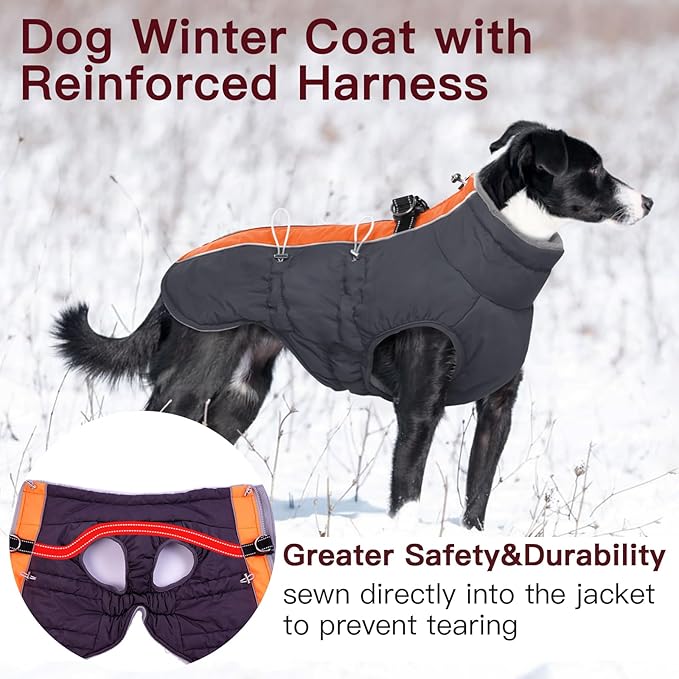 Dog Coat - Large Dog Winter Jacket, Warm Zip Up Snowsuit, Reflective, Water-Resistant, Orange-Gray