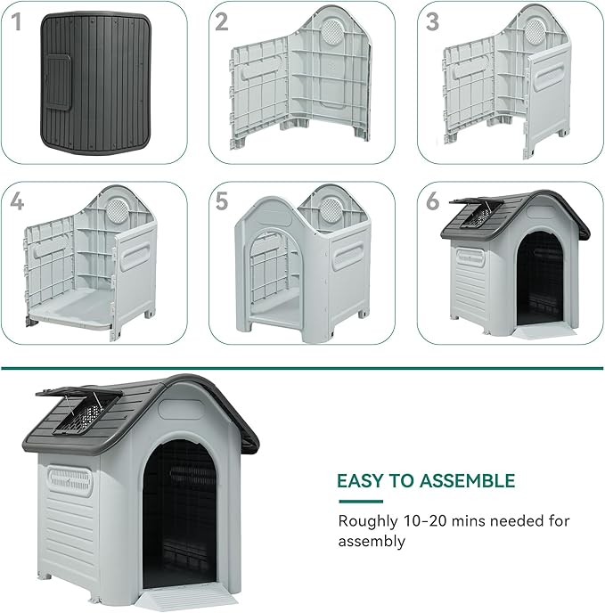 YITAHOME Dog House Outdoor Plastic Doghouse Water Resistant Pet House with Adjustable Skylight and Elevated Base for Small, Medium, and Large Dogs