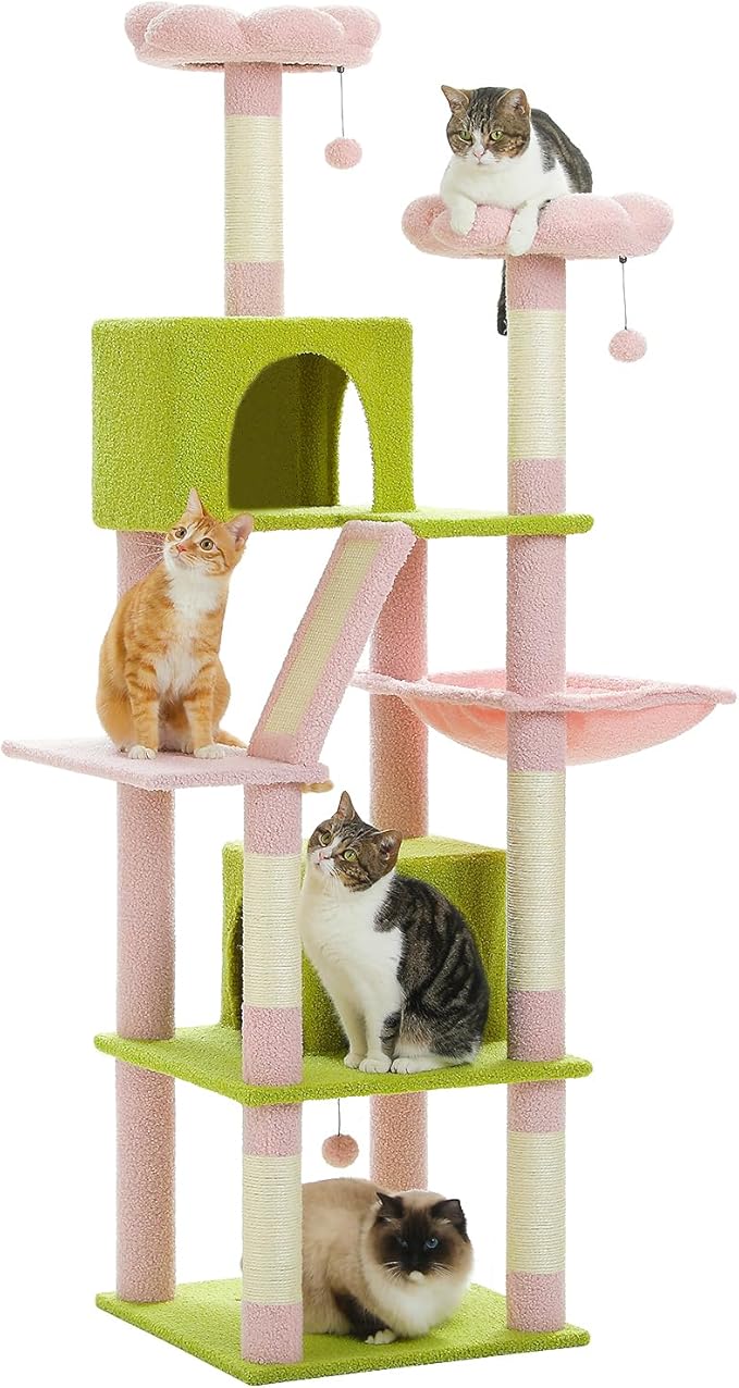 PEQULTI 71" Cat Tree for Indoor Cats, Multi-Level Cat Tower with Cozy Cat Condo Clearance Prime, Pink