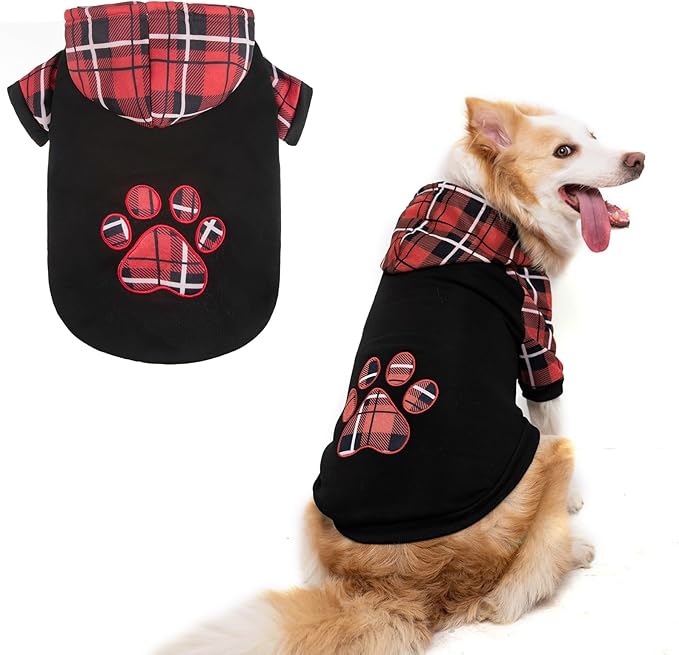 KOOLTAIL Plaid Dog Hoodie Pet Clothes Sweater with Hat and Pocket for Small Medium Large Size Dogs, Soft Winter Warm Dog Cold Weather Coat, Fleece Fall Dog Hooded Sweatshirt for Puppy Cats, Black XXL
