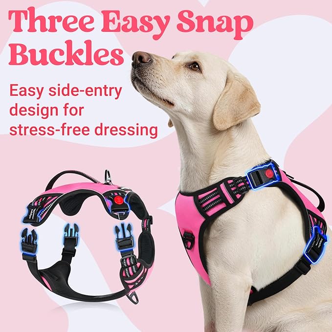 rabbitgoo Dog Harness for Large Dogs, No Pull Pet Harness with Soft Padded Handle, Adjustable Reflective Vest with 3 Buckles, Easy Walking Harness with 2 Leash Clips, Pink, L