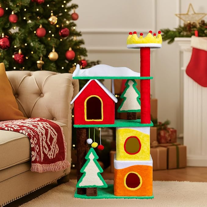 56in Christmas Themed Plush Cat Tree, Multi-Level Cat Tower with Cat Condos, Top Crown Perch, Sisal Ramp Scratching Posts, Large Cat Pet Activity Center for Indoor Cats