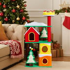 56in Christmas Themed Plush Cat Tree, Multi-Level Cat Tower with Cat Condos, Top Crown Perch, Sisal Ramp Scratching Posts, Large Cat Pet Activity Center for Indoor Cats