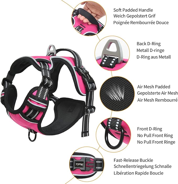 HEELE Dog Harness, No Pull Adjustable Padded Reflective Harness for Small Medium Large Dogs with Handle for Walking Training,Rose, L