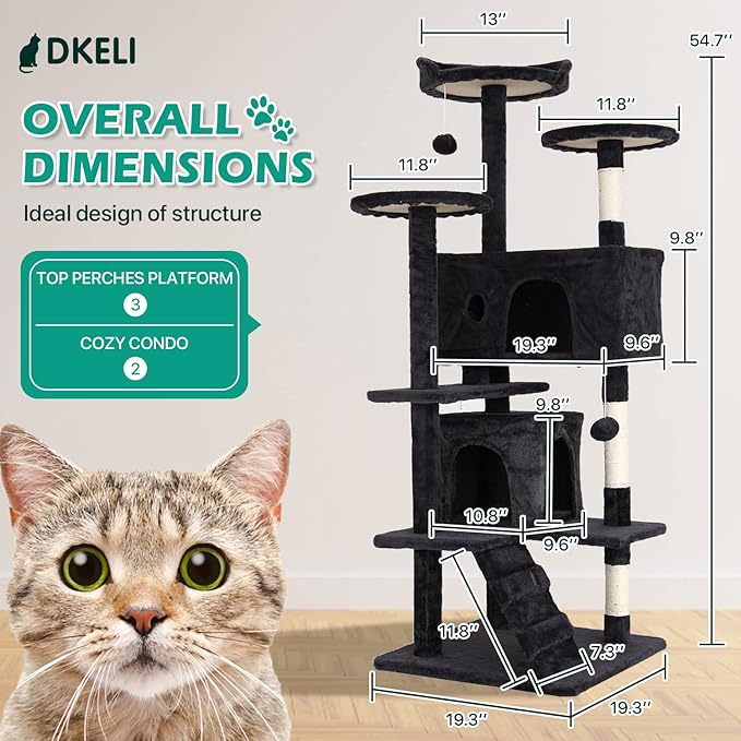 Dkeli Cat Tree for Indoor Cats Condo Tower with Scratching Post Tease Ball Perches Platform Small and Medium 54 Inch Multi-Level, Dark Gray