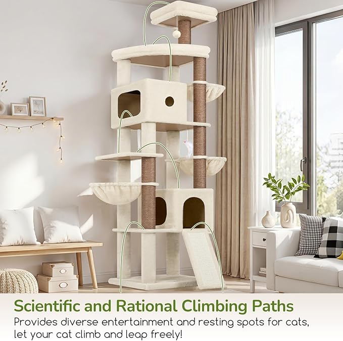 Globlazer Heavy Duty Cat Tree, 83 Inch Giant Cat Tower with 7 Scratching Posts, Multi-Level Large Cat Condo for Indoor Cats Large Adult, 2 Perchs, 3 Sturdy Hanging Baskets, Cat Toys, F83C, Beige