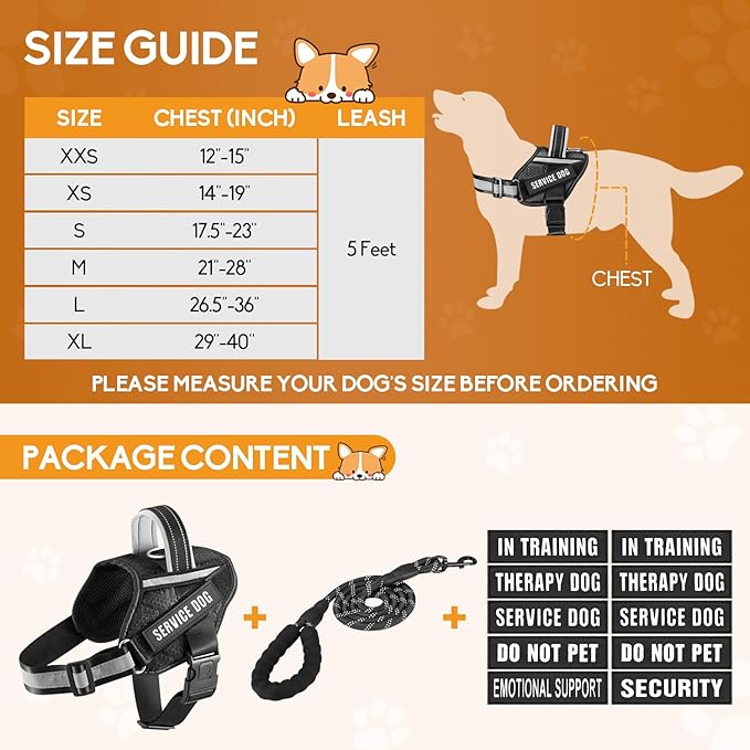 Service Dog Vest Harness and Leash Set, Animire in Training Dog Harness with 10 Dog Patches, Reflective Dog Leash with Soft Padded Handle for Small, Medium, Large, and Extra-Large Dogs (Black,L)