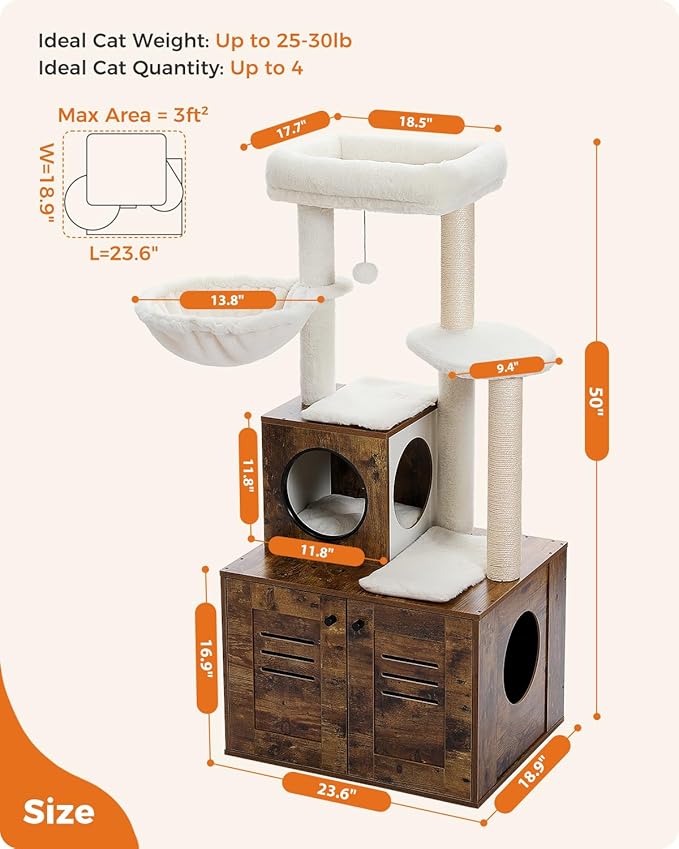 Cat Tree with Litter Box Enclosure, 50" Modern Cat Tree for Large/Fat Cats with Cat Condo, Wooden Cat Furniture with Large Hammock and Top Perch, Rustic Brown