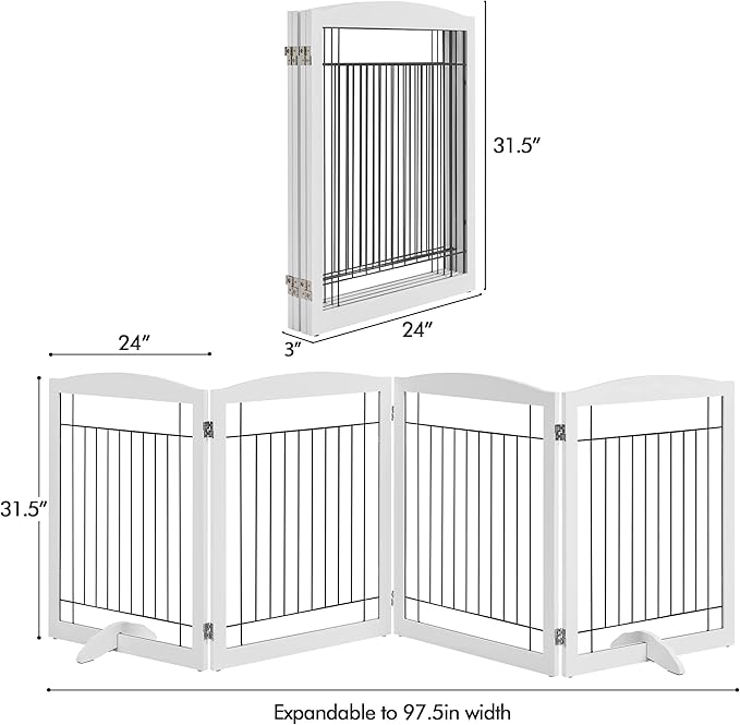 Yaheetech 32-inch Tall Dog Gate Extra Wide Pet Gate for Dogs Indoor Foldable Wire & Wooden Puppy Safety Fence w/2 Support Feet,Freestanding Dog Gate for The House, Doorway, Stairs(White,4 Panels)