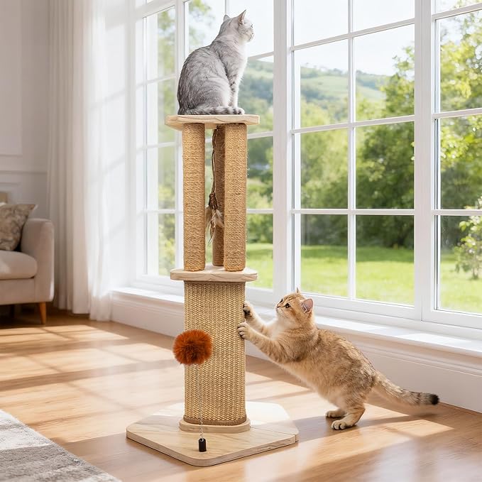 Sisal Cat Scratcher with Perch,26.5inch Wooden Cat Scratch Post,3 in 1 Scratching Cat Platform with Sisal Pad and Interactive Toy for Indoor Cats Use,Easy Assemble