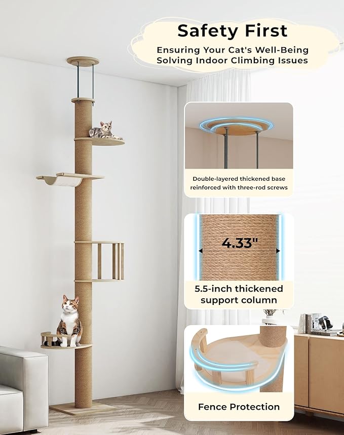 COZIWOW Floor-to-Ceiling Cat Tree, Adjustable (89-112 inches), Sturdy 5-Tier Tower for Large Cats. Features 4.33" Scratching Posts, Hammock, Platforms. Saves Space, enriches Indoor Play.