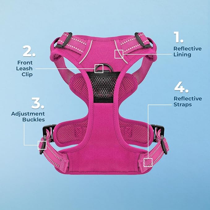 Voyager Dog Harness Dual Leash Attachment No-Pull Control Adjustable Soft but Strong Pet Harness for Medium and Large Dogs with 3M Reflective Technology, Fuchsia Nylon, S (Chest: 16-20")