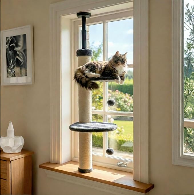 Window Cat Tree & Small Cat Tower (104.5-120.5cm) – Adjustable Cat Window Perch & Shelf for Indoor Cats – Sturdy Window Sill Extender Seat for Large Cats