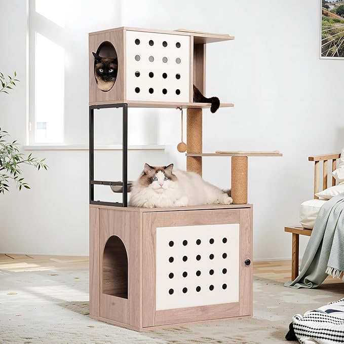 Cat Tree with Litter Box Enclosure, All-in-one Cat Tower for Indoor Cats with Large Hammock, Bed, Food Station, Scratching Posts, Modern Style Gray+White Cat Furniture