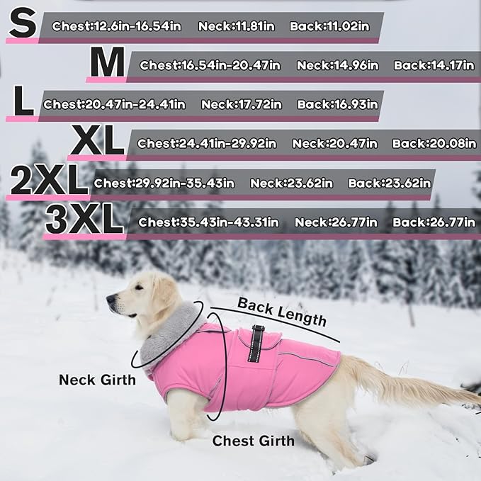 Lelepet Warm Dog Coats for Large Dogs Waterproof Dog Winter Jacket Reflective Pet Fleece Vest Windproof Cold Weather Coats with Adjustable Buckle & Leash Hole, Pink, L