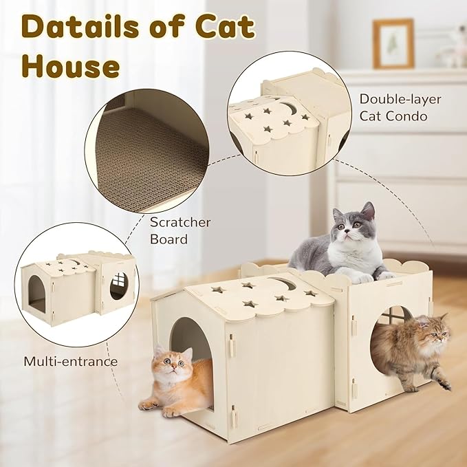 Wooden Cat Scratcher House,Cat House with Scratch Cardboard Pad,2 Tier Sturdy Kittens Bed House Indoor with Air Vents for Small to Large Sized Cats and Rabbits Use