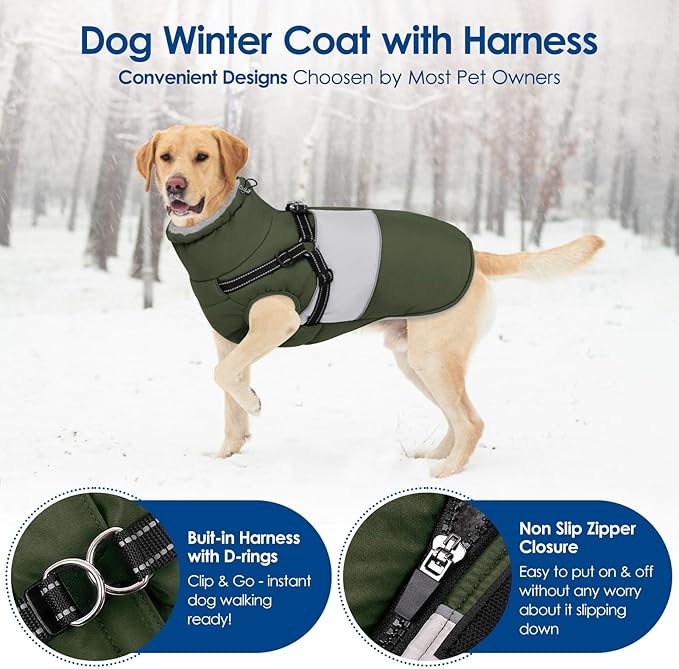 KOESON Dog Coat, Warm Dog Winter Jacket with Harness Built-in for Easy Walk, Fleece Lined Cold Weather Coat for Medium Dogs, Waterproof Puffer Jacket for French Bulldog, Corgi, Beagle, Army Green M