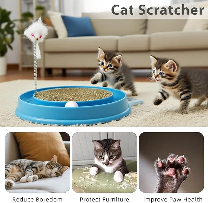 3in1 Cat Scratcher,Round 3 in 1 Interactive Kitten Toys, Scratching Pad with Ball Track and Squeaky Mouse, for Bored Indoor Adult Cats Kitty Scratching Puzzle-Blue