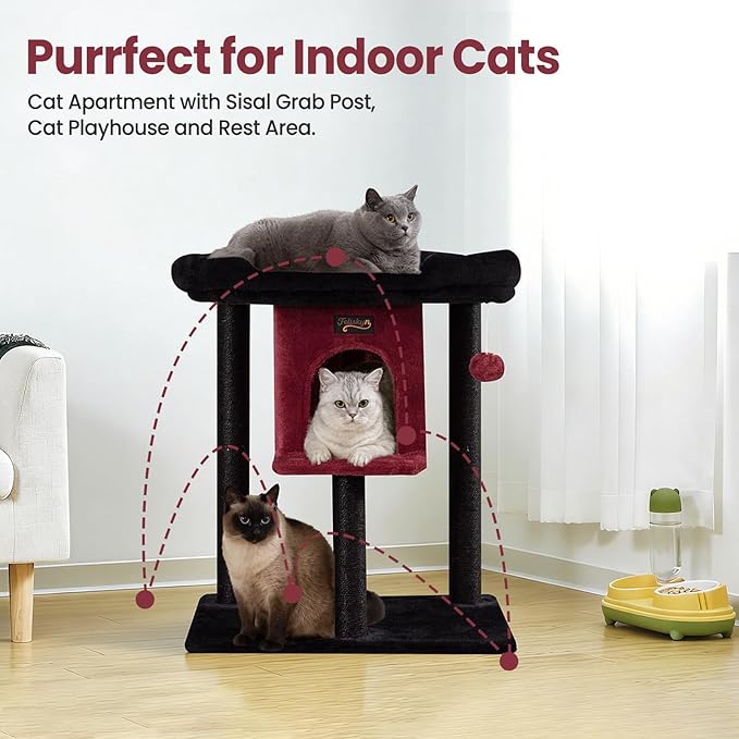 Cat Tree Tower Scratching Post for Indoor Large Cats, Small Cat Tree with Big Perch Bed, 28in Tall Trees House with Condo Cave, Toy Balls, Modern Climbing Furniture Platform for Kitten (Black)