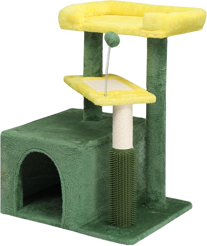 27.5in Cat Tree, Multi-Level Cat Tower with Scratching Post and Pad, Cozy Condo, Padded Top Bed for Kittens and Indoor Cats (Green)