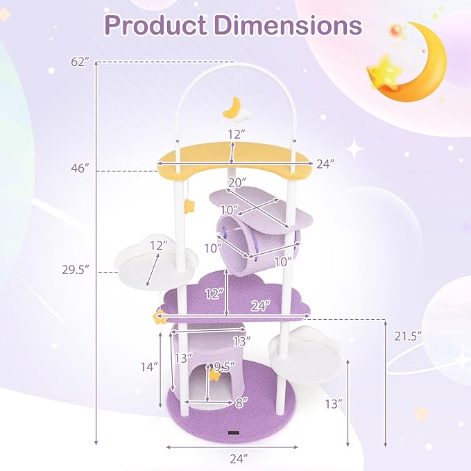 PETSITE 62 inch Moon and Star-Themed Cat Tree, Modern Multi-Level Cat Tower with Moon-Shaped Top Perch, Star-Shaped Hanging Toys, Barrel-Shaped Hammock, and Cat Condo, Cute Cat Tree for Indoor Cats