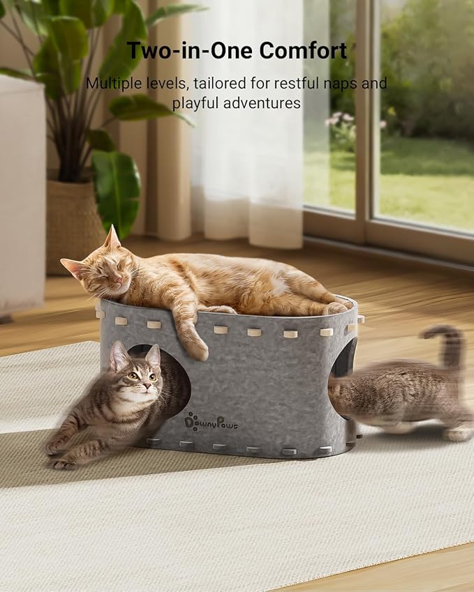 DownyPaws Cat House for Indoor Cats, Cat Bed Cave for Multiple & Large Cats Up to 22 Lbs, Scratch Resistant, Foldable Peekaboo Kitten Caves Tunnel Enclosed Bed, PeekaPurr, Light Gray