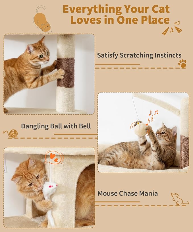 Heavy Duty Cat Tree for Indoor Cat, 74 Inch Cat Tower with Scratching Post, Hanging Basket, Cat Condo with Large Platform for Large Cats, PMT04BW, Beige