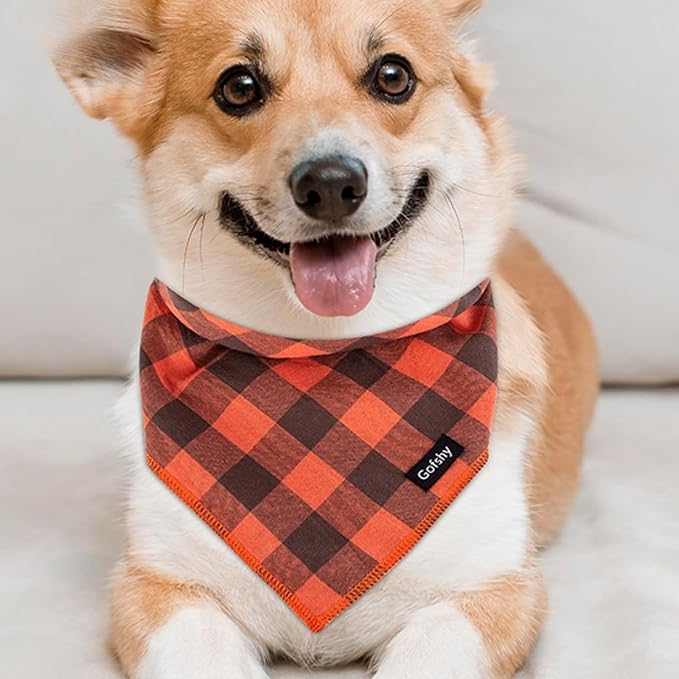 Dog Bandana Fall Large-Orange Brown Dog Scarf Buffalo Plaid Printing Adjustable Bib Handkerchief Accessories for Medium Large Dogs (L)