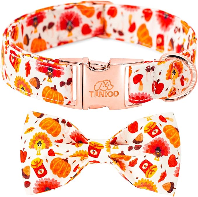 Tunkoo Dog Collar with Cute Bow Tie Pumpkin and Turkey Pattern - Durable, Adjustable and Stylish Thanksgiving Pet Collar, Available in Small Medium Large, S