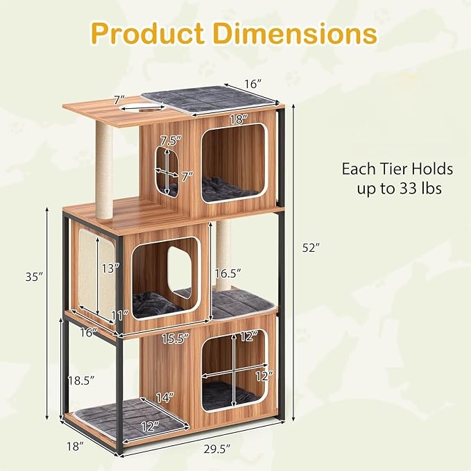 52-inch Wood Cat Tree for Indoor Cats, Multi-Level Solid Metal Framed Wooden Cat Tower with Sisal Scratching Posts and Pad, 3 Condos, and Top Platform with Cat Hole