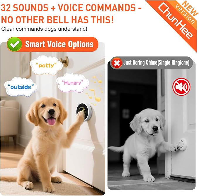 ChunHee Dog Door Bell, Smart Dog Doorbell for Potty Training to Go Outside, Dogs Bells for Doggie to Ring to Go Potty Train with Customized Ringtones Adjustable Volume, 1 Dog Button