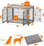 Dog Crate Furniture with Cushion, Wooden Dog Kennel Indoor with Double Doors, Dog Cage with Wheels, Dog House Side End Table for Large Dogs up to 85 lb, 44" L, Grey
