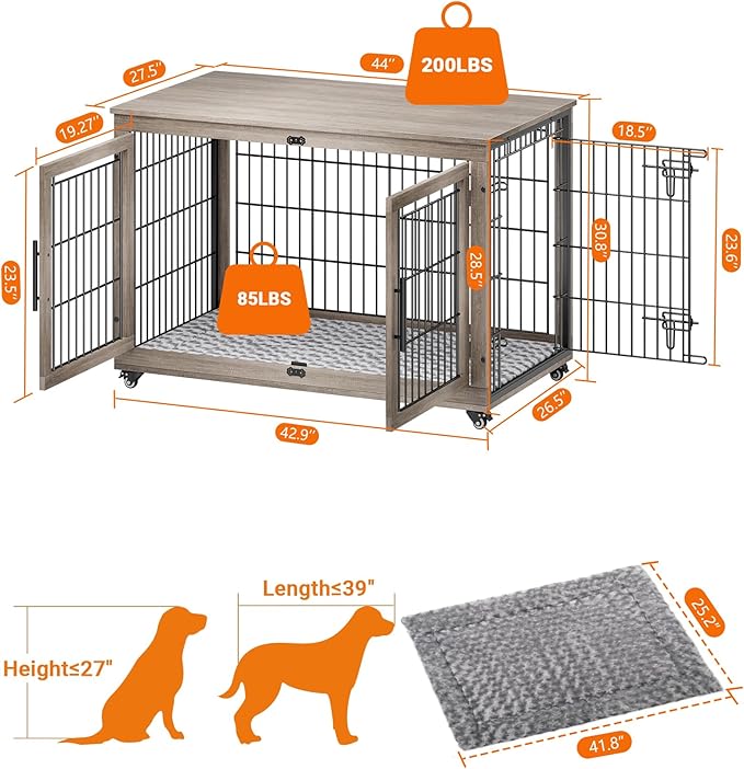 Dog Crate Furniture with Cushion Set of 2, Wooden Dog Kennel Indoor with Double Doors, Dog Cage with Wheels, Dog House Side End Table for Large Dogs up to 85 lb, 44" L, Grey