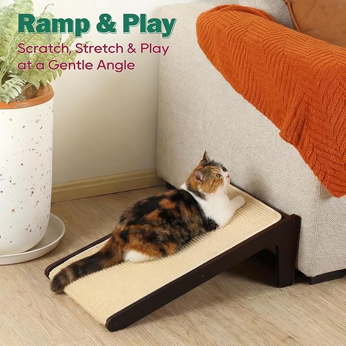 Zakkart L-Shaped Sisal Cat Scratcher, 24.8'' Tall Convertible 70° Vertical Scratching Pad & 20° Ramp Scratcher, Natural Sisal Mat, Solid Wood Frame, Helps Protect Furniture, Easy Assembly (Dark)